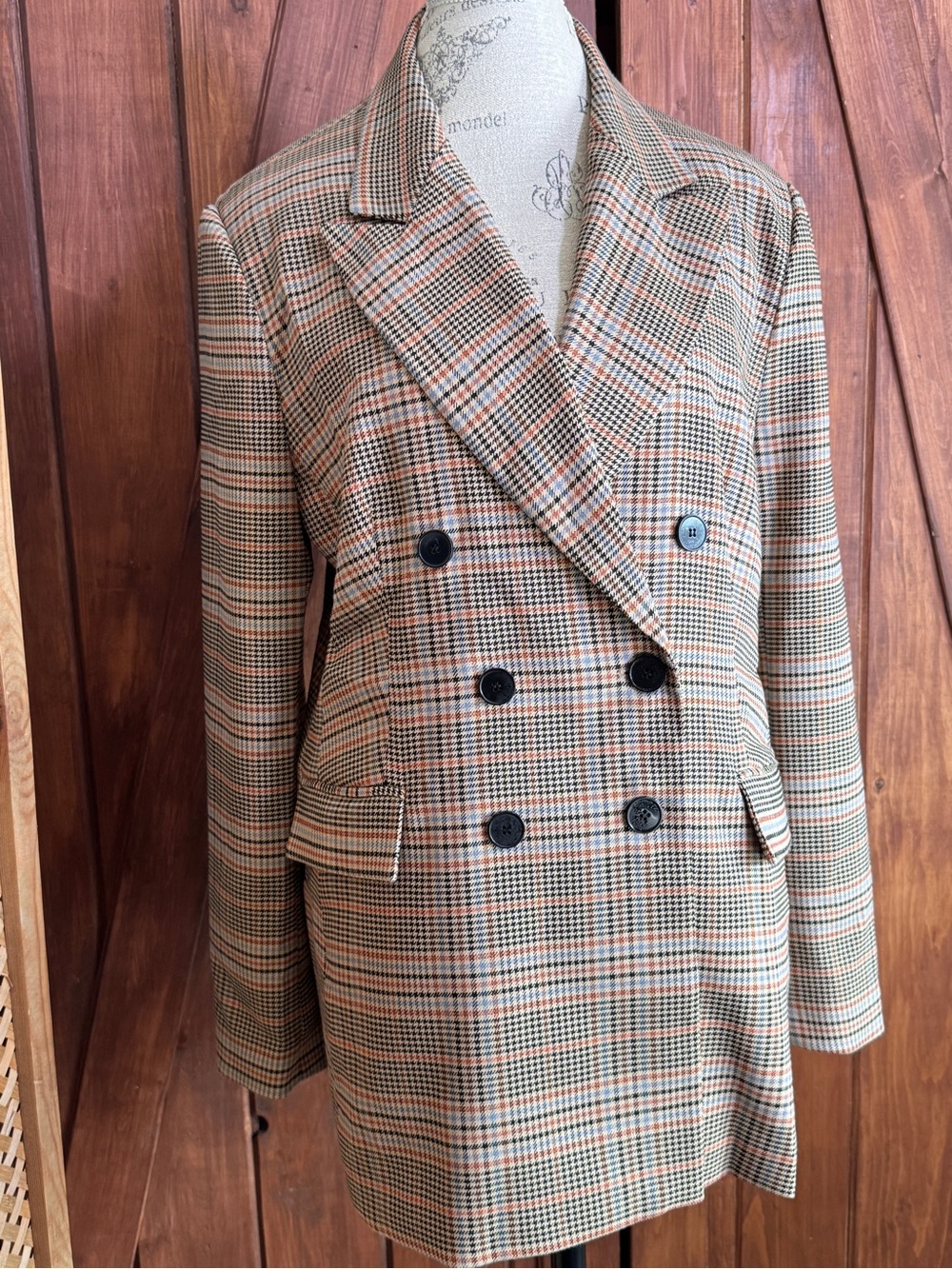 MARBLE Double-Breasted Plaid Blazer in Tan and Orange